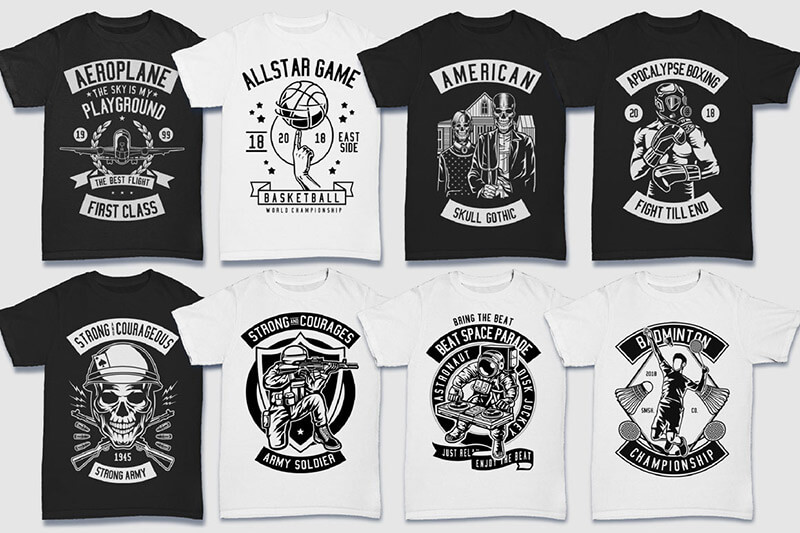 200 t-shirt designs bw - 200 Tshirt Designs BW Bundle Preview 01